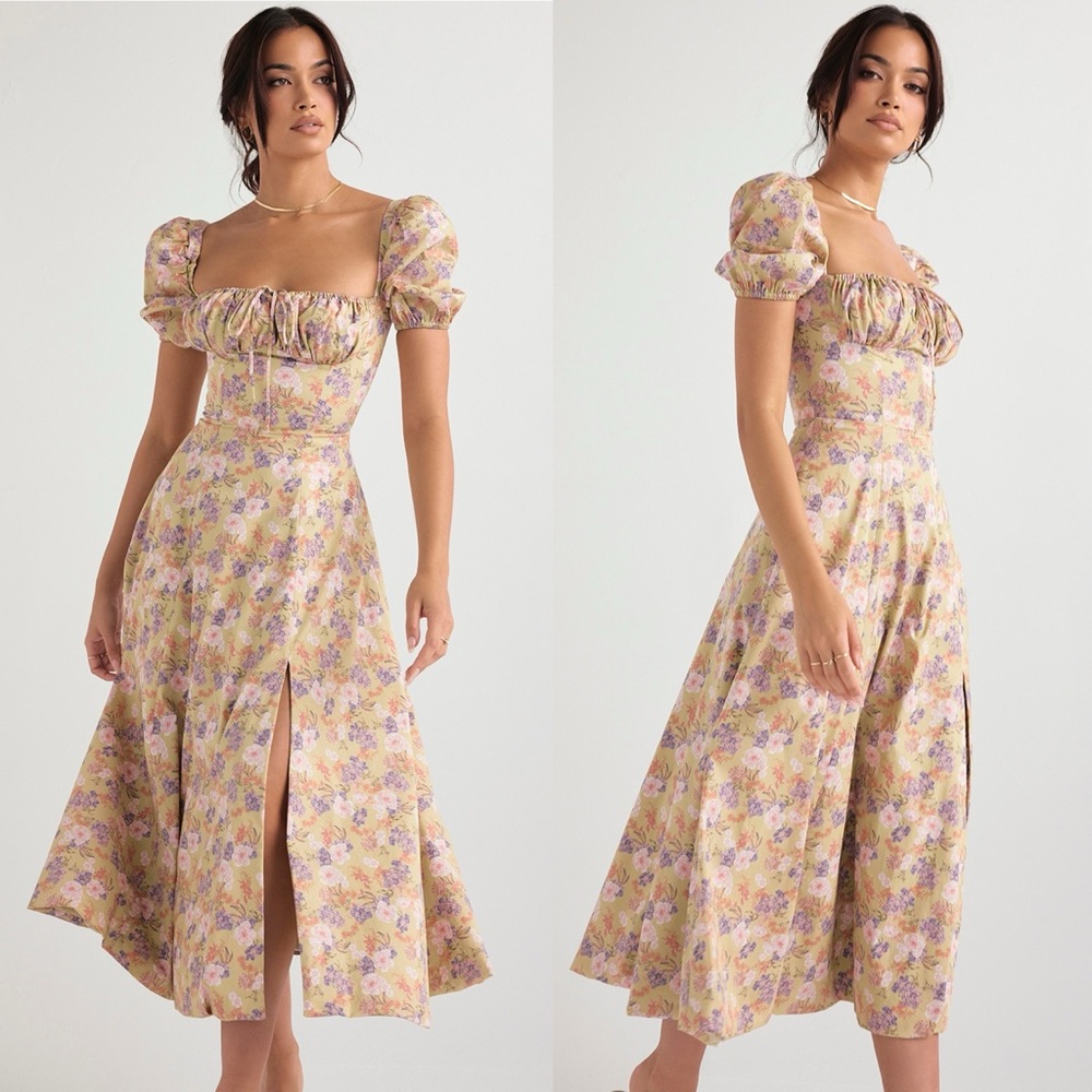House of CB TALLULAH Peony Print Puff Sleeve Midi Sundress L Cottagecore Peasant - Picture 5 of 16